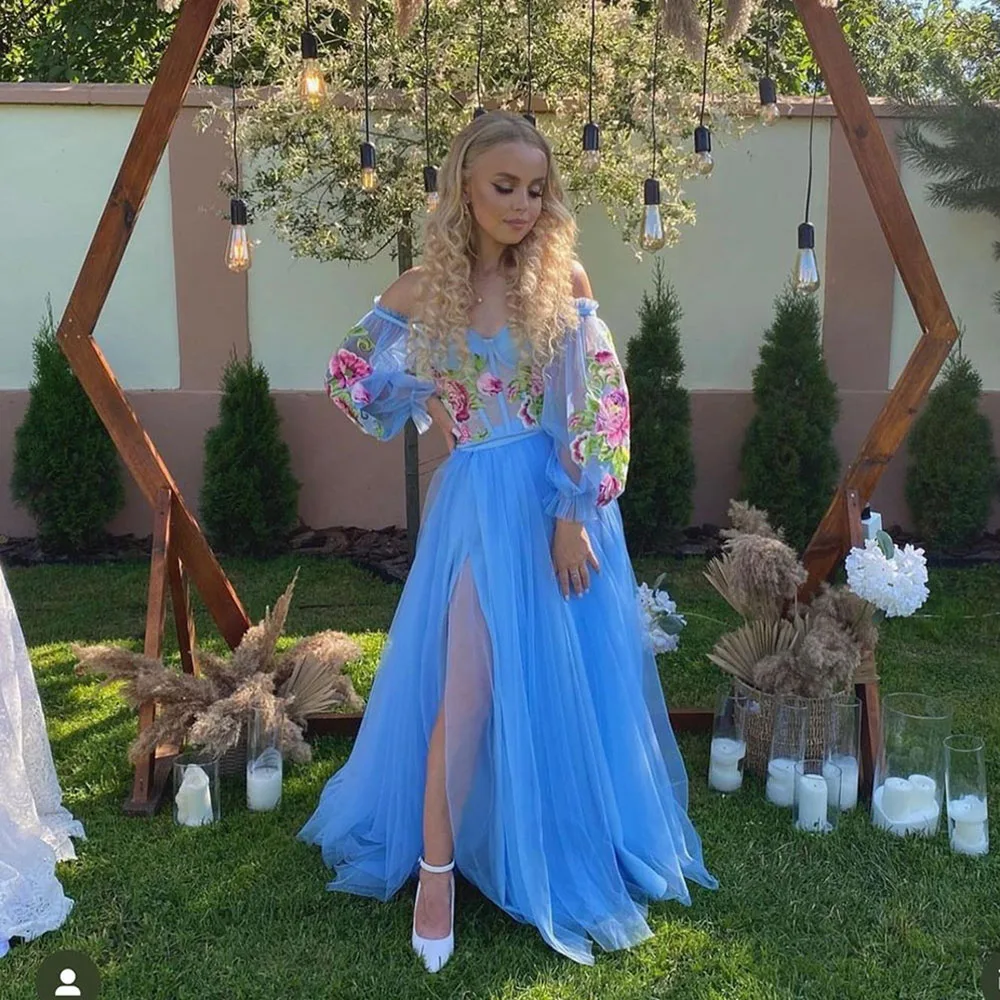 

Msikoods 3D Floral Embroidered Side Split Evening Dress A Line Puff Sleeves Tulle Party Dress Long Formal Occasion Prom Gown