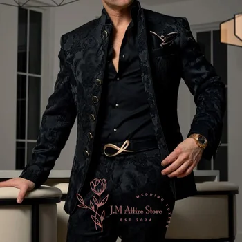Abiti da uomo formali 2 pezzi Blazer Pantaloni Set jacquard nero per cena di nozze Incontri Cerimonia Banchetto Smoking personalizzato di lusso ﻿