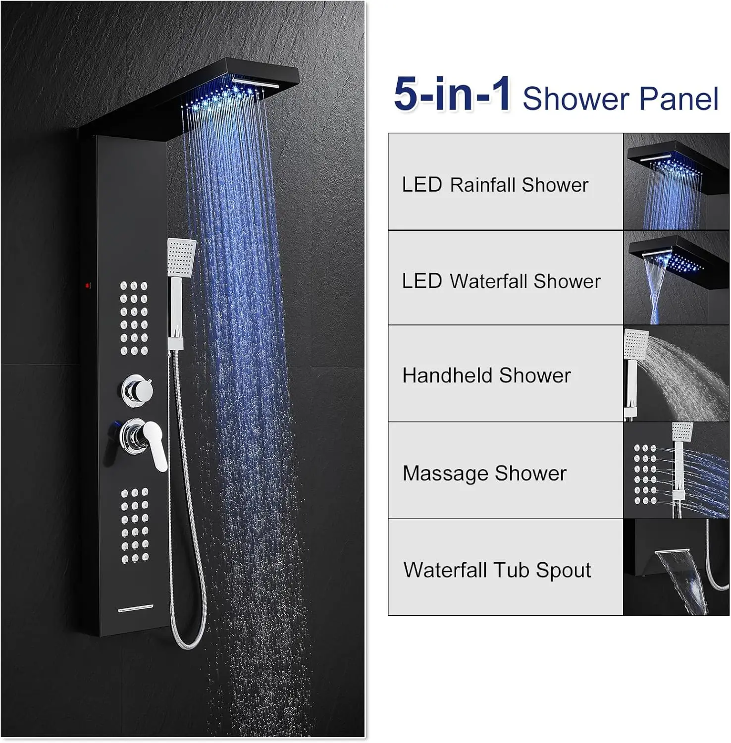 ROVATE LED Shower Panel Tower System Stainless Steel, Rainfall Waterfall Shower Panels with Jets and Handheld