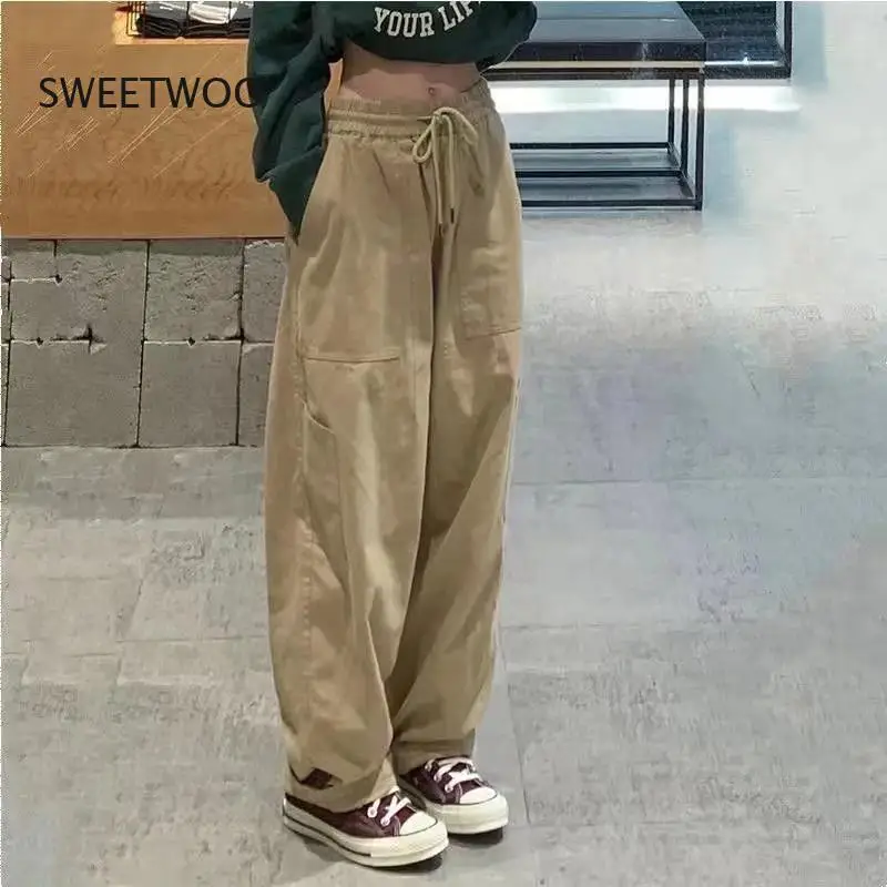 Streetwear Women Drawstring High Waist Pockets Cargo Pants Womens Casual Loose Wide Leg Joggers Sweatpants Harajuku Y2K Clothes