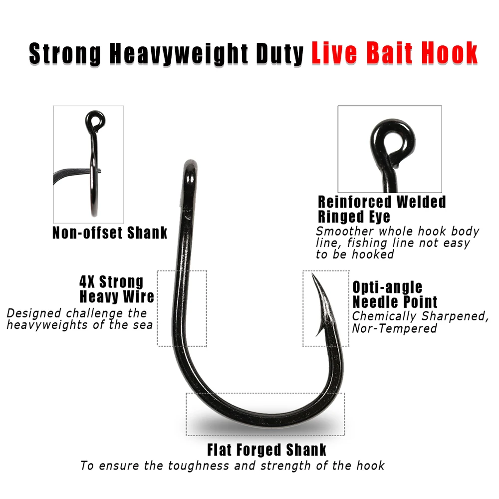 Bimoo 10PCS 4X Strong Wire Heavy Duty Live Bait Hooks for Tuna Shark  Grouper Snapper Deep Sea Saltwater Fishing Single Jig Hooks