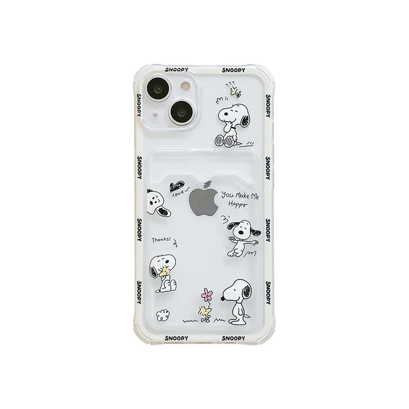 Bonita funda de teléfono transparente con dibujos animados de Snoopy y Charlie Brown para iPhone 16, 15, 14, 13, 12, 11 Pro Max, funda de billetera de TPU suave con tarjetero