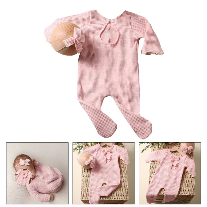 

Baby Photography Props Suit Infant Bowknot Headband Long Romper Newborns Photo Bodysuit Skin-Friendly Baby Photo Outfit