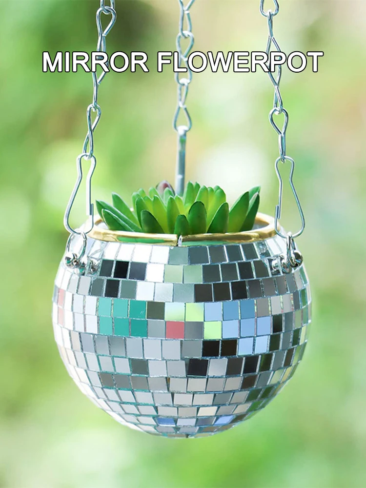 Description Picture 4 of item1PC Disco Ball Creative Round Flowerpot Hanging Basket Plastic Glass Mirror Plant Planting Pot Succulent Slivery