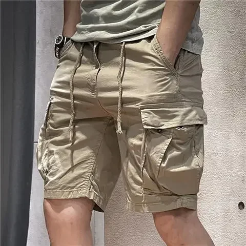 thumbnail image 1 of Pantalones cortos tipo bermuda para hombre, con cremallera, cargo, elásticos, con cordón, nuevos, de diseñador, cómodos, estilo Harajuku, holgados y anchos, 1 of 5