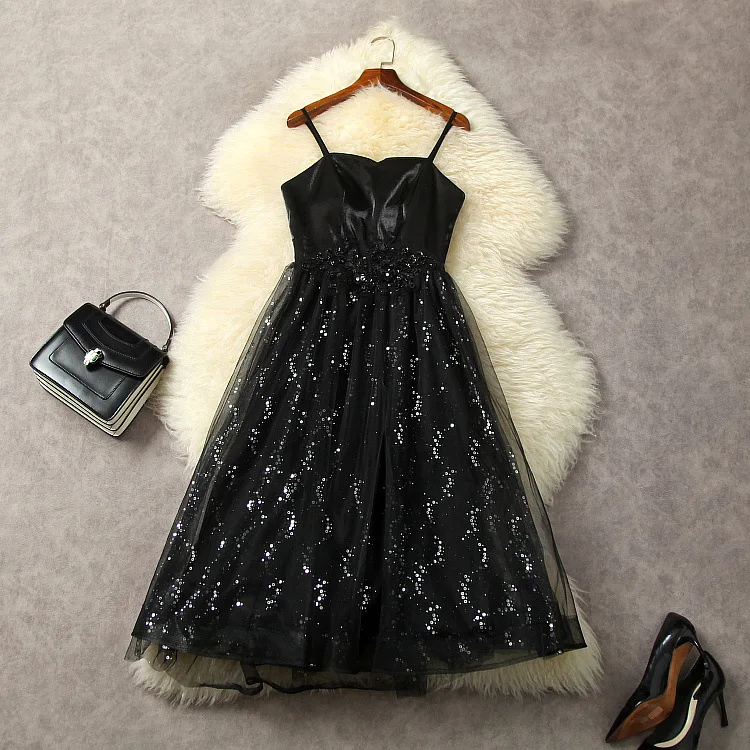 

European and American women's clothes 2023 summer new sling sleeveless fashion Mesh Heavy Industry Sequin Dress