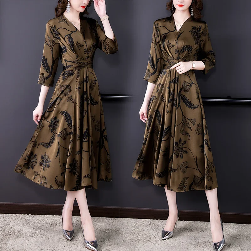 

Women Satin Floral Natural Silk V-Neck Maxi Spring Summer Vintage Casual Midi Dresses 2024 Elegant Bodycon Party Vestidos J317