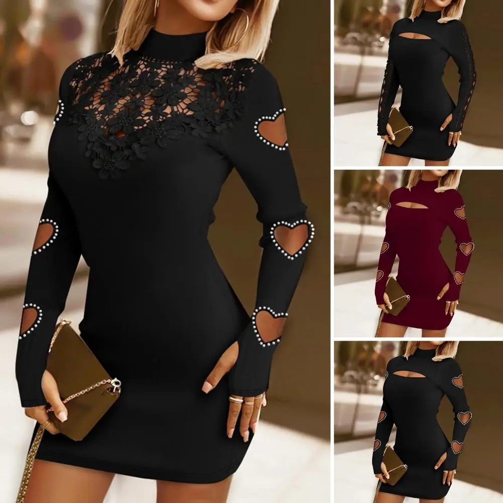 

Sexy Mini Dress Elegant Lace Sheath Mini Dress with Flower Cutout Heart Detail for Women Half-high Collar Elastic Soft for Any