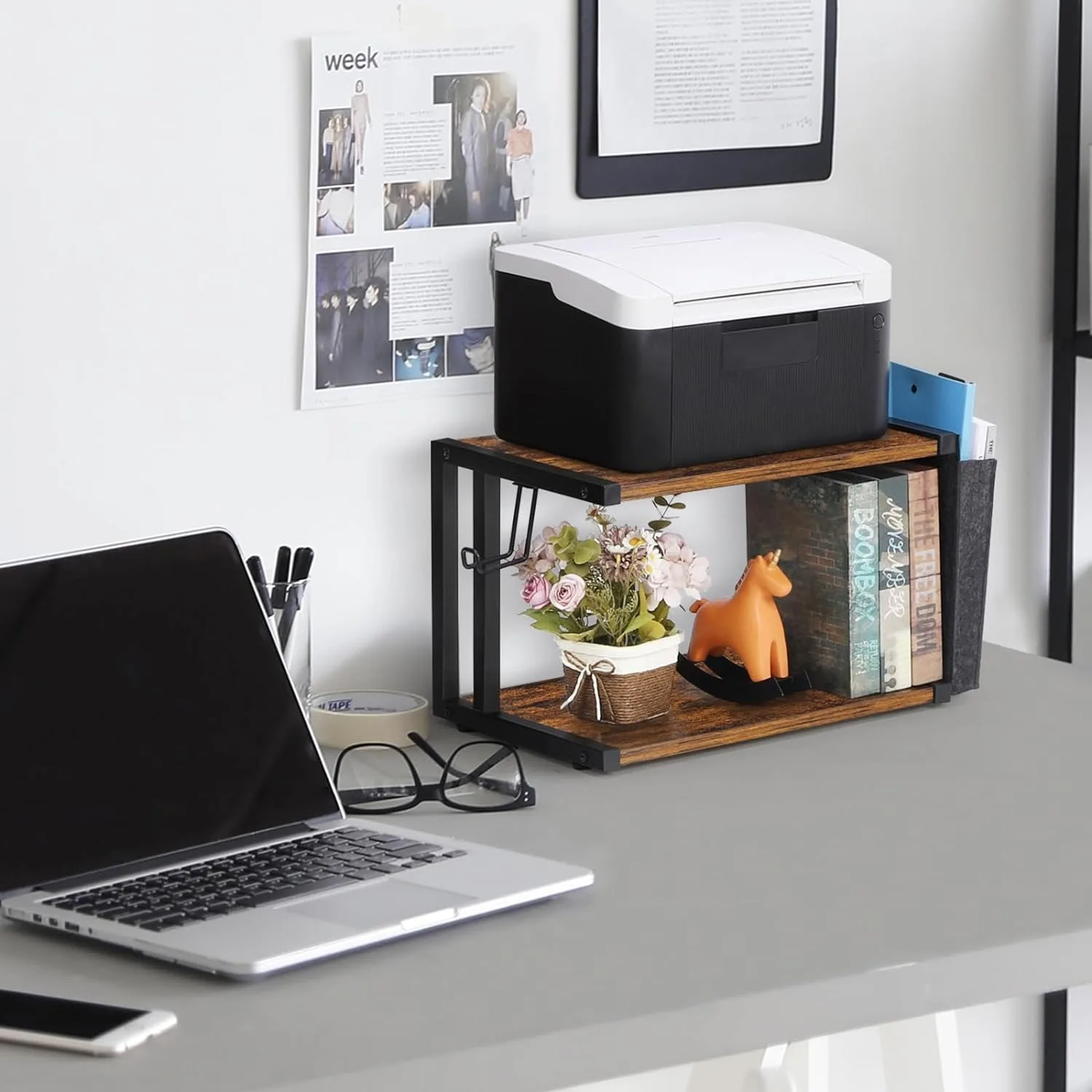 Printer Stand with Storage Bag Under Desk Printer Table on Wheels 2 Tier Small Desktop Rolling Stand Shelf  (Brown) 5