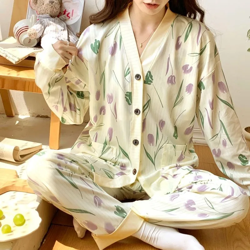 Women's Spring Autumn Pajamas New Oversize 145KG Chubby Girl Sleepwear Cute Loose Home Clothes Casual Long Sleeved Nightgown Set