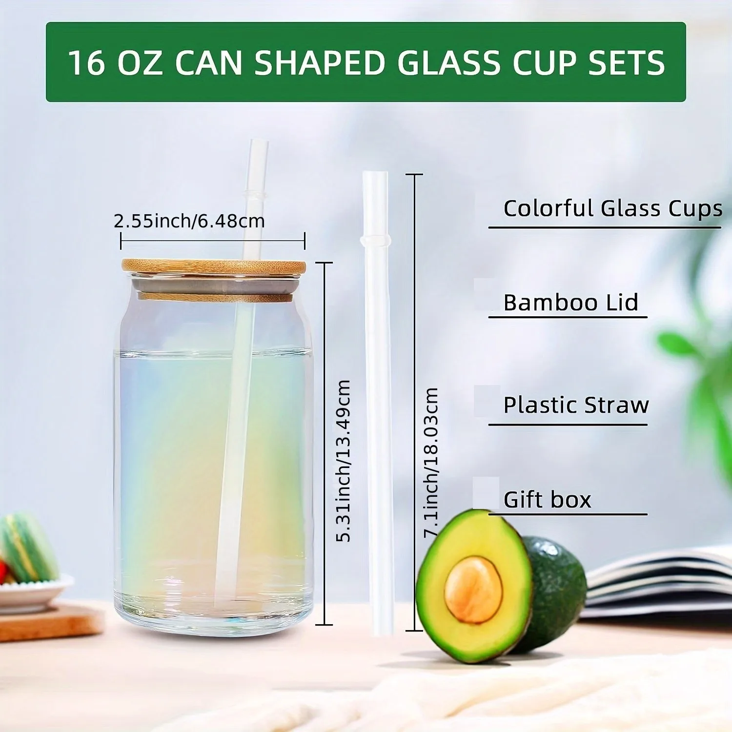 Rainbow Drinking Glasses with Bamboo Lids and Glass Straw,(set of 2 /set of 4)-16Oz,Wine,Cocktail,Whiskey,Party,Beer,Coffee,Gift