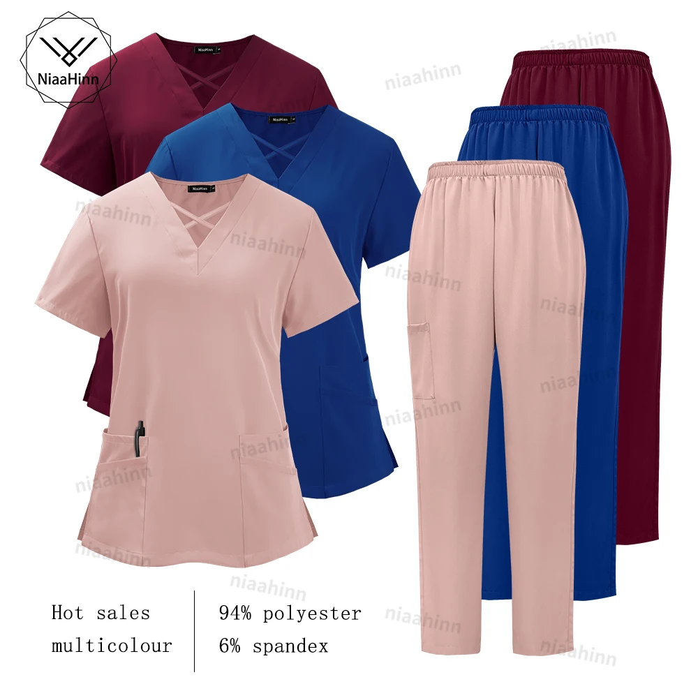 Medical Scrub Uniform Set Nursing Hospital Short Sleeves Top Pants Sets Nurse Uniform Spandex Scrubs Suit