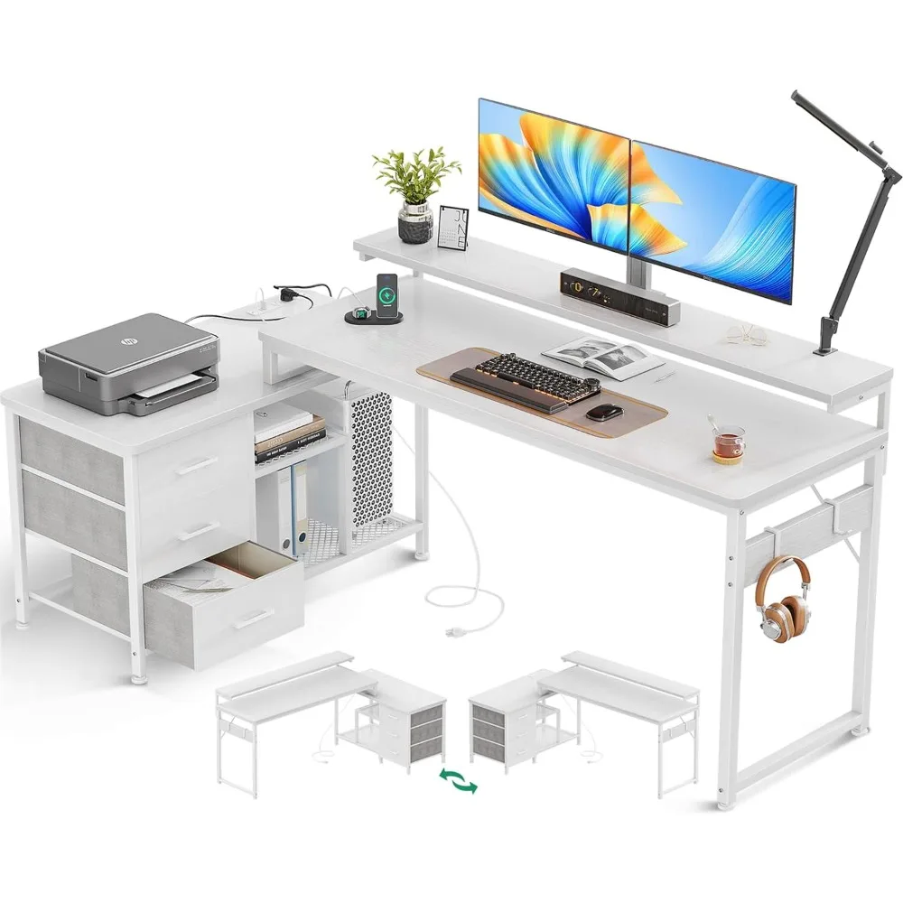 

70 Inch L Shaped Computer Desk with Power Outlets & USB Charging Ports, Reversible L-Shaped Corner Desk with Drawers & Monitor S