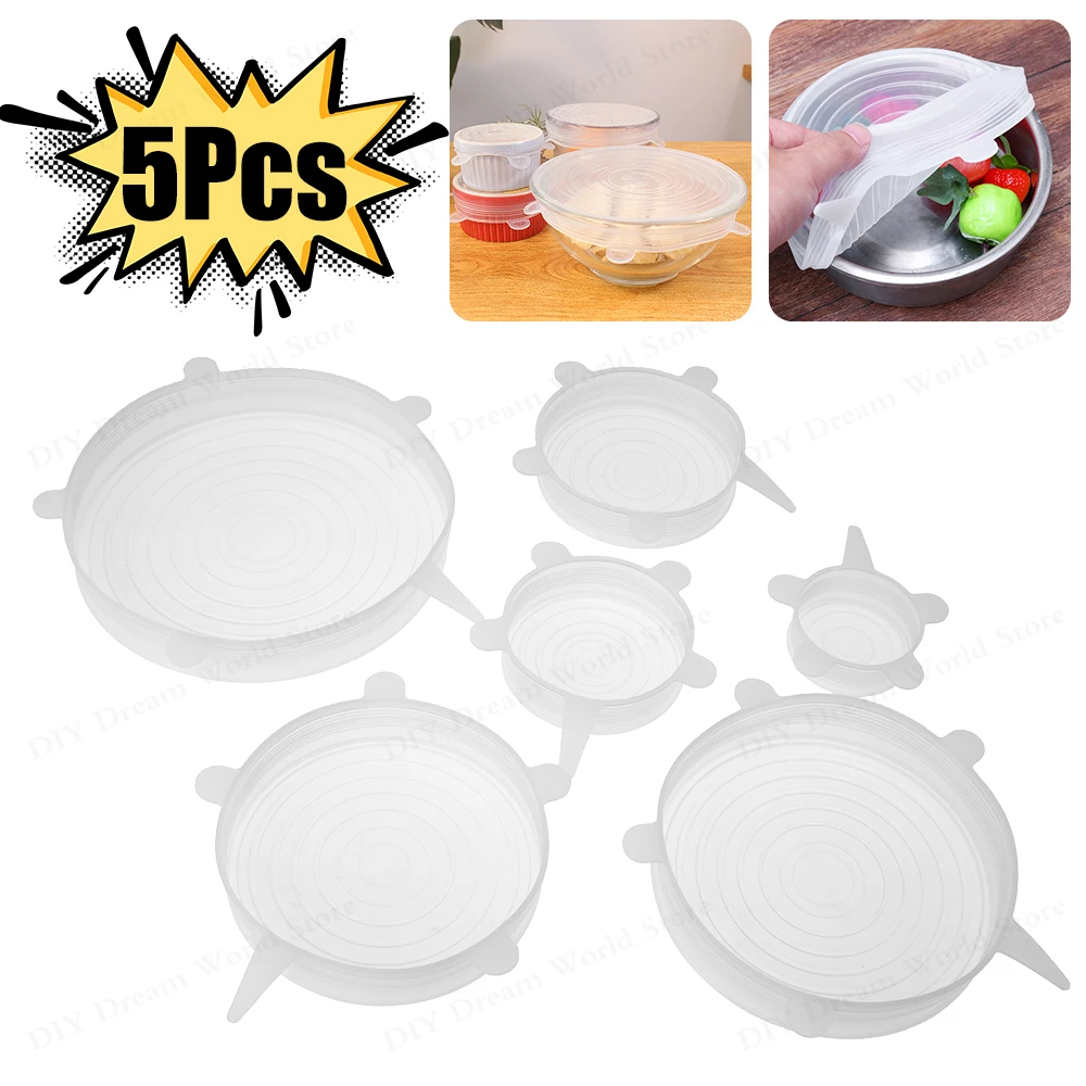 Silicone preservation cover 1/5pcs Silicone Preservation Cover Reusable Airtight Food Universal Dish Stretch Round Lids Food Grade Storage Covers For Kitchen