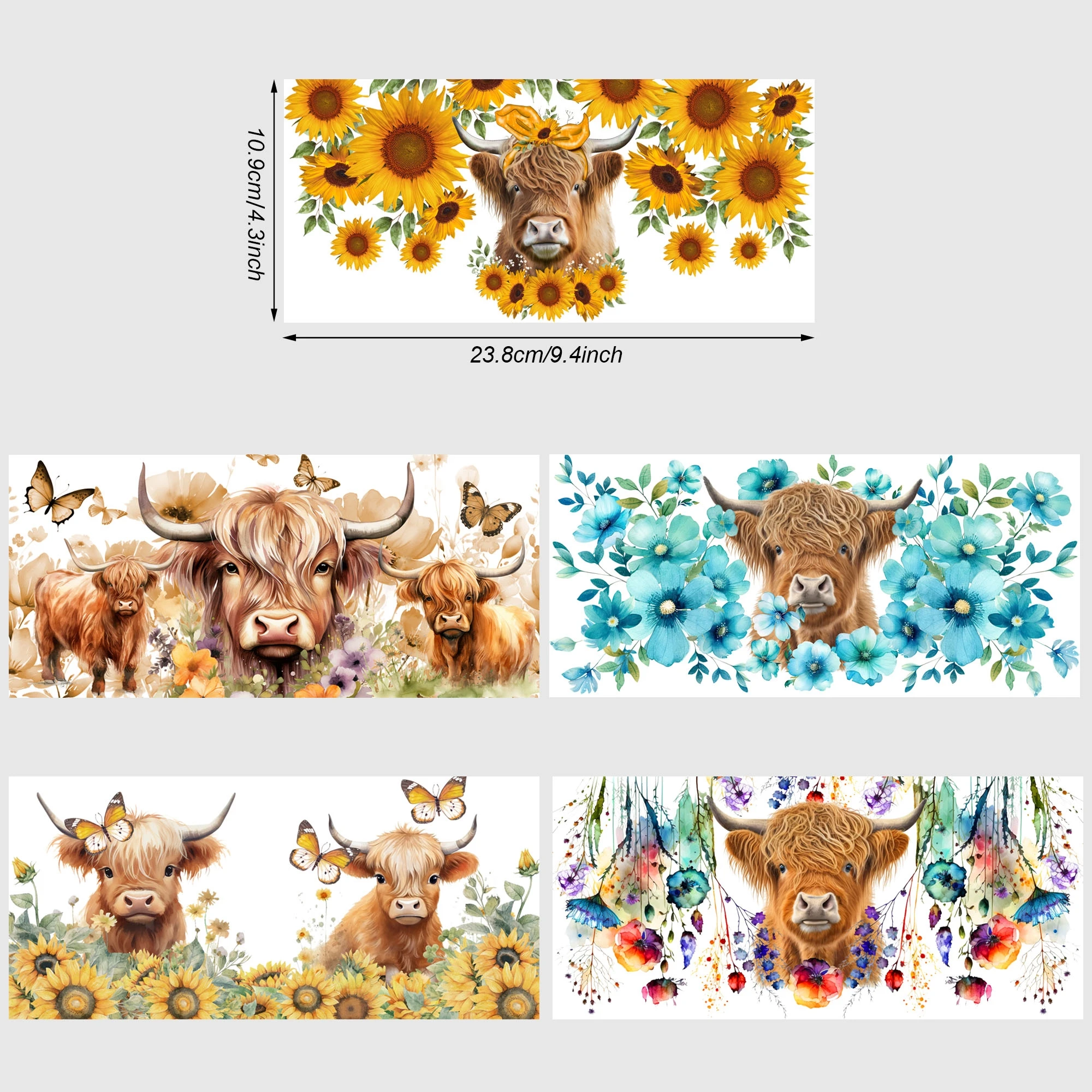 Highland Cow UV DTF Cup Stickers 5 Sheets DTF Transfer Stickers Waterproof Funny Cow Wipe-Off Transfer Paper for 16oz Glass