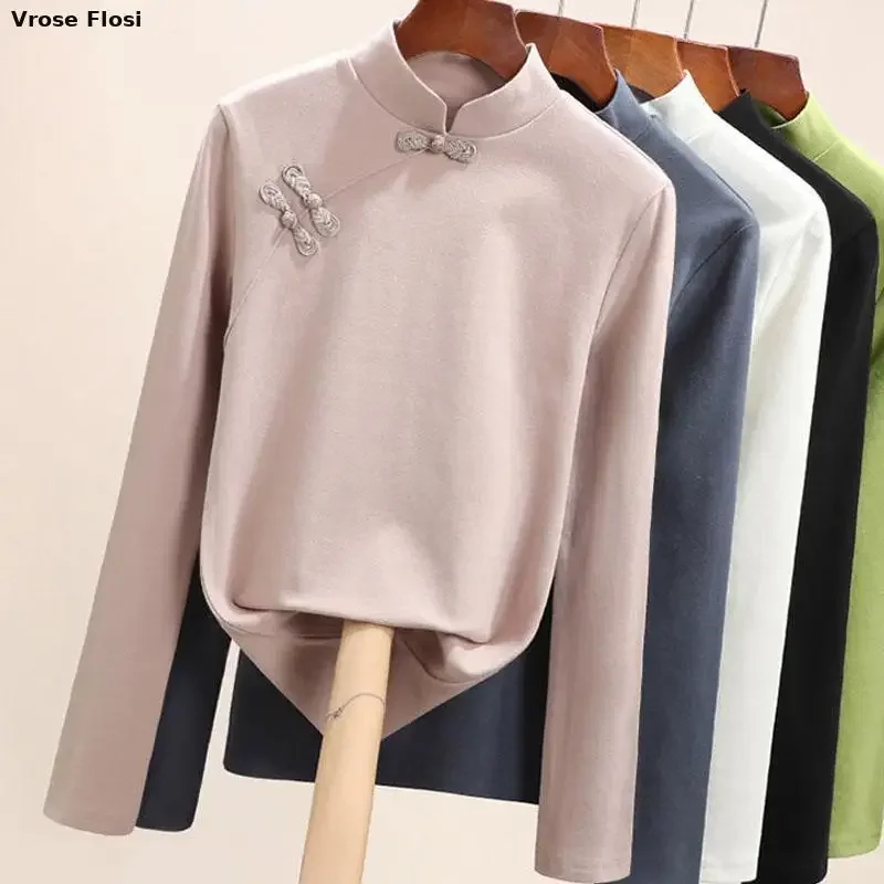 Cheongsam Women's Plus Size Stand Collar Tops Winter Cotton Blend Pure Color Long Sleeve Chinese Style Qipao Shirts Woman