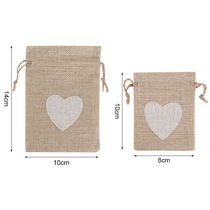 10Pcs Heart Jute Drawstring Bags For Wedding Birthday Party Decor Jewelry Pouches Natural Linen Burlap Candy Gifts Packaging