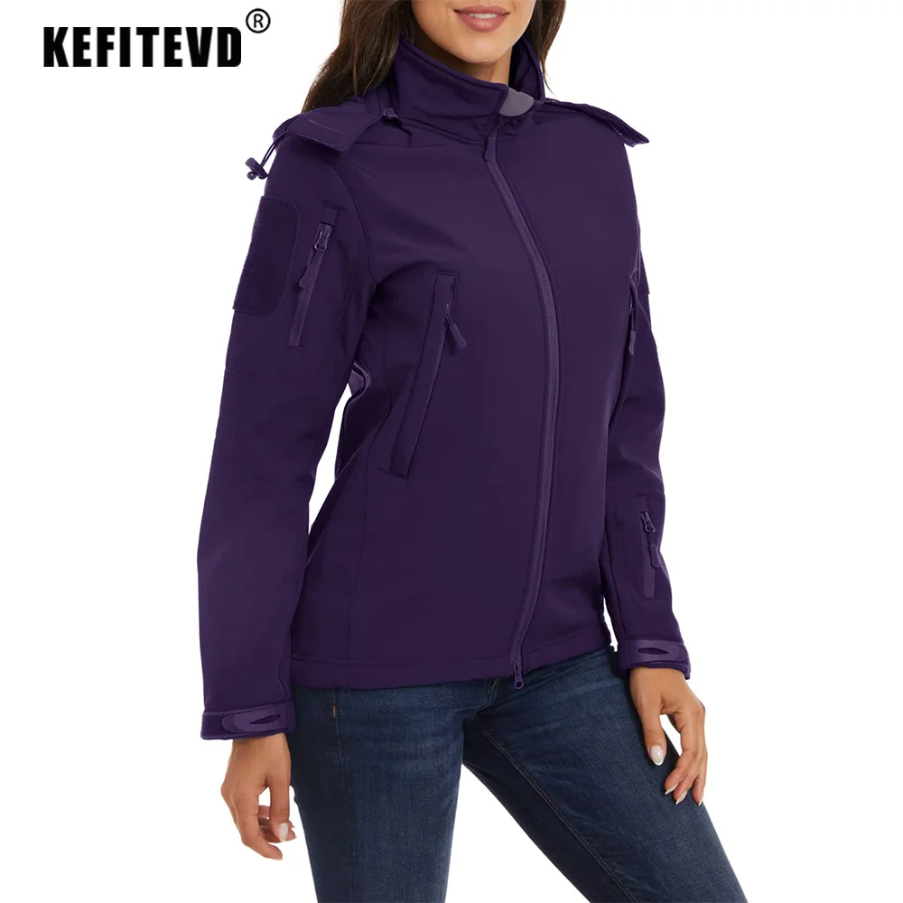 KEFITEVD Women Fleece Softshell Jacket Detachable Hood Spring Snow Ski Hiking Jogging Waterproof Outdoor Hoodie Windbreaker