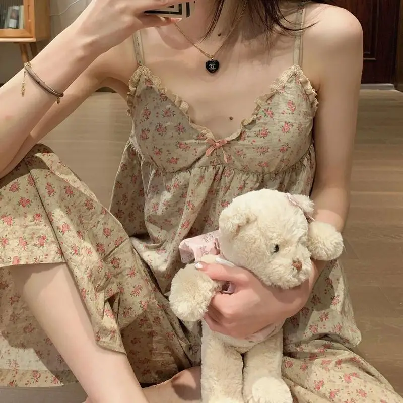 

Floral Sleepwear Women Pajama Sets Pijama Pants Suit Summer Spaghetti Strap Korean V-neck Night Wear for Sleeping 2 Pieces Pad