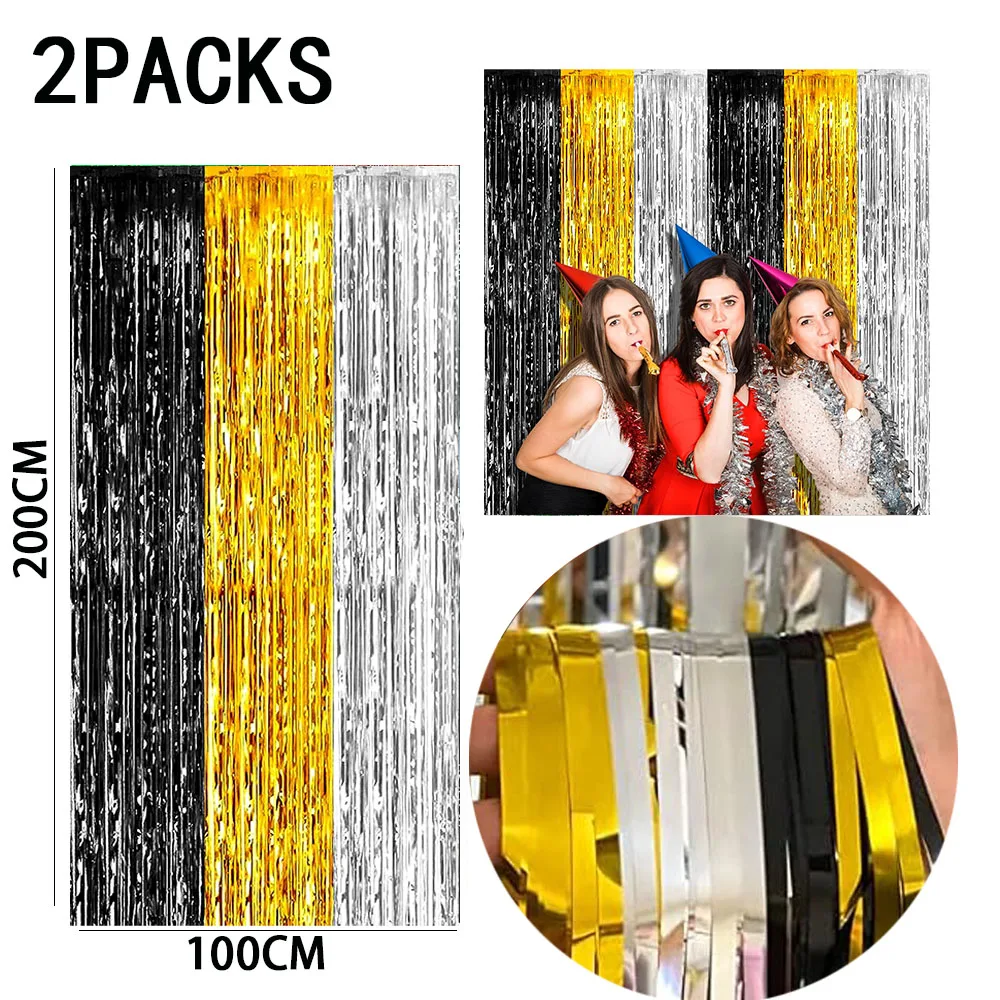 Rainbow Foil Fringe Curtains - Tinsel Metallic Streamers for Vibrant Party Decorations, Set of 2