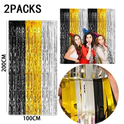 Rainbow Foil Fringe Curtains - Tinsel Metallic Streamers for Vibrant Party Decorations, Set of 2 (Black gold silver)