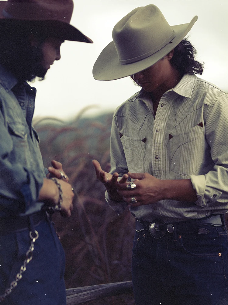 Slim Fit Western Series irt in Khaki Striped Long Sve Button up Cotton Polyester Blend Retro Sle Casual Wear for Youth