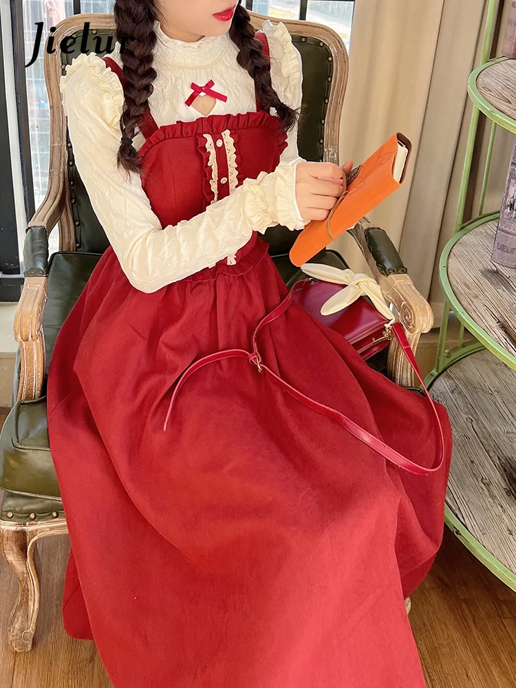 Jielur 2022 Frühling Vintage Lolita Kleid Party Abend Frauen Lässig Fee Rot Midi Strap Kleid Y2K Weibliche Stil Kawaill Kleidung