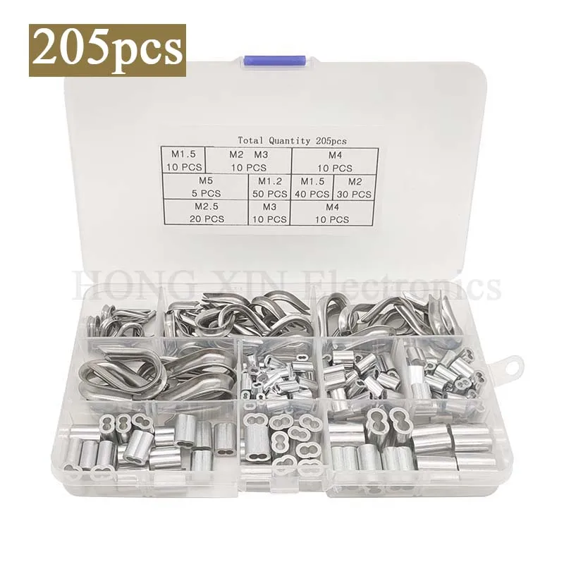 

205pcs/Set 304Stainless Steel Wire Rope Cable Thimbles+Aluminum Crimping Loop Sleeve M1.2-M5 Assortment Kit