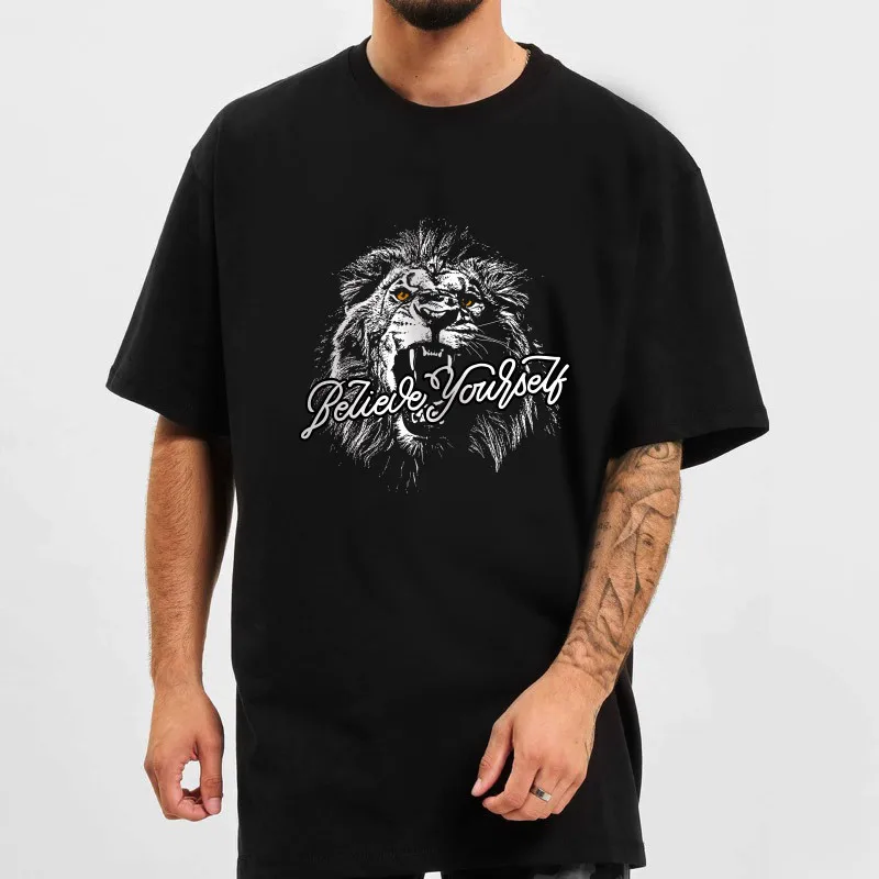 

Black Loose Fit Men's Cotton T-Shirt with African Lion Print and Round Neck for Summer