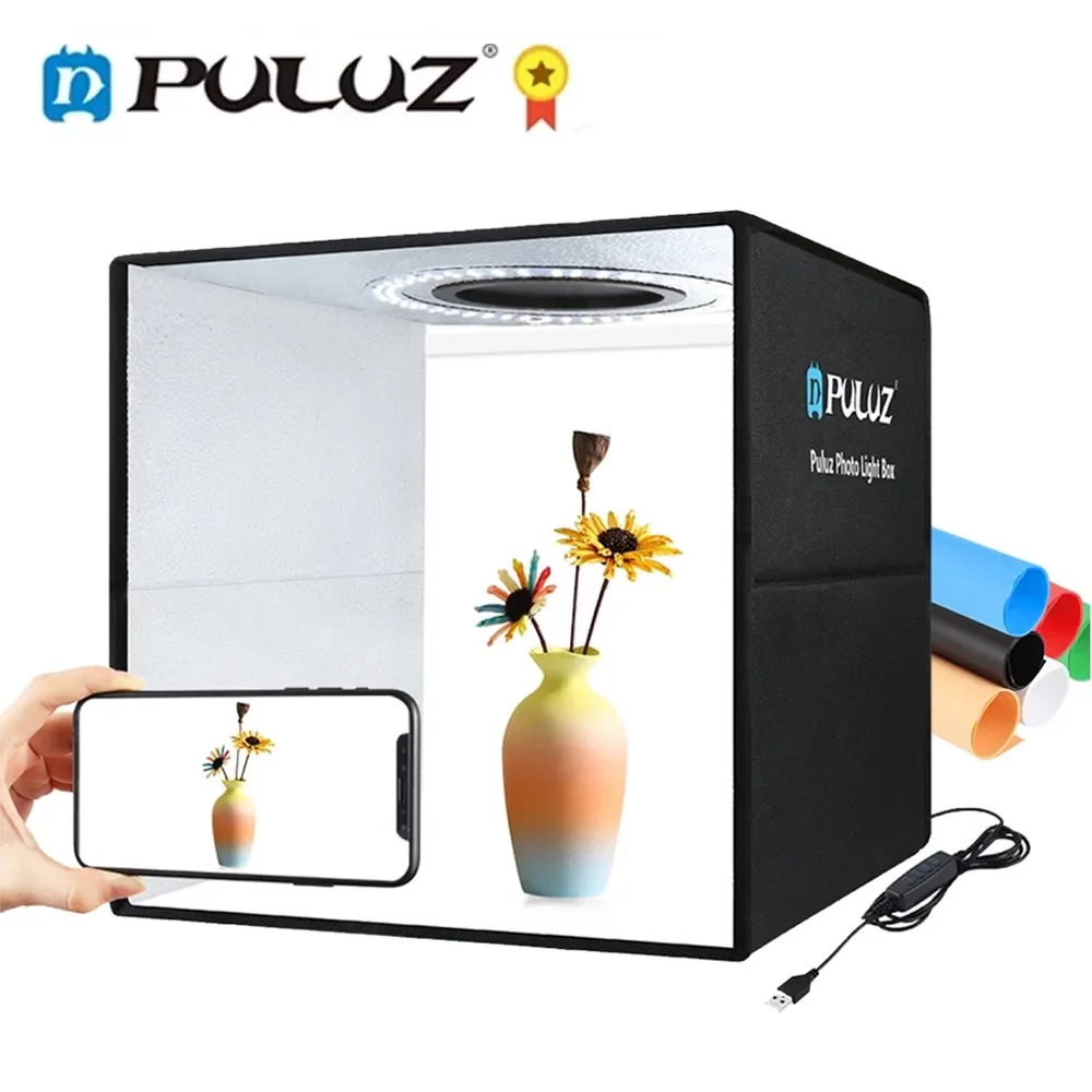 PULUZ Photo Studio Box 30CM Photography Lightbox Photo Shooting Tent Box Kit 6 Color Backdrop Dimmable Ring LED Light Softbox
