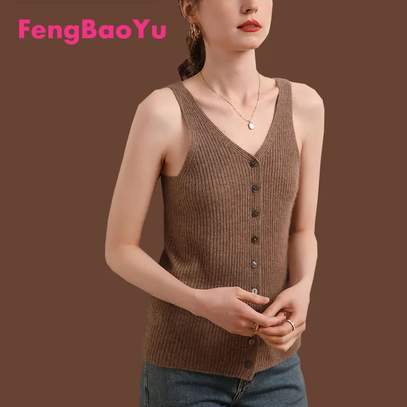 

Fengbaoyu Autumn Winter Ladies 100% Pure Cashmere Halter Vest Knitted Sleeveless Slim Look All Cardigan Black Top Light Luxury