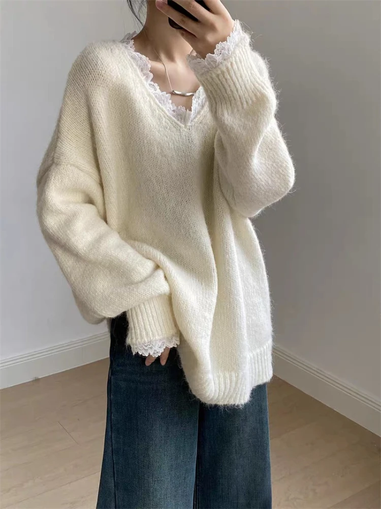 New Autumn and Winter V-neck Lace Lace Women's Long-sleeved Sweater Elegant Fashion Elegant Loose Knitted Pullover Shirt