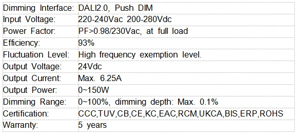 Description Picture 4 of itemLTECH Dimmable Driver 150W 12V 24V Dali-2 CV Constant Voltage Led Driver;AC 220-240V Input;Push Dim Lighting Transformer