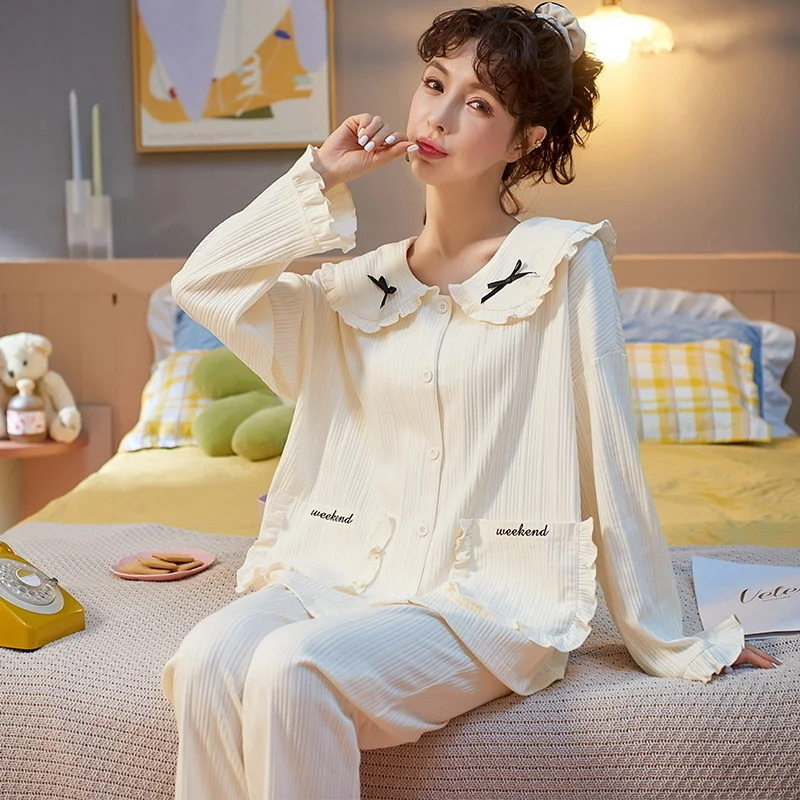 2022 new spring and autumn pajamas women's cotton lapel cardigan long sleeved trousers sweet and lovely home clothes