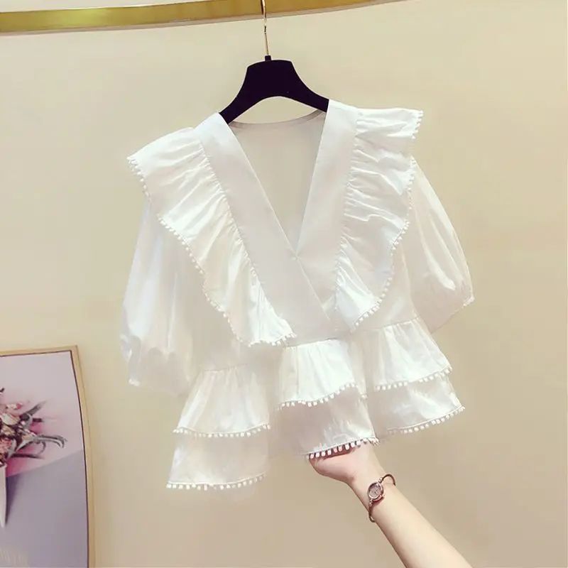 Korean Style Summer V-neck Women's Solid Color Patchwork Pleated Ruffles Fashion Office Lady Short Sleeve Loose Shirt Tops