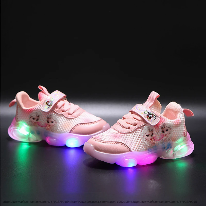 Disney Frozen Mesh Sneakers Kids Shoes Summer Led Children Luminous Shoes Girls Light Baby Sports Pink Shoes Size 13-19cm girls shoes