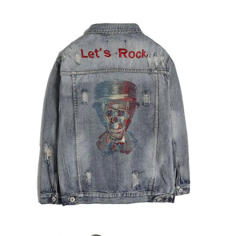 Wholesale 2022 Fashion Street Skeleton Embroidery Denim Jacket Men\'s Brand Korean Loose Spring Autumn Society Ripped Jacket