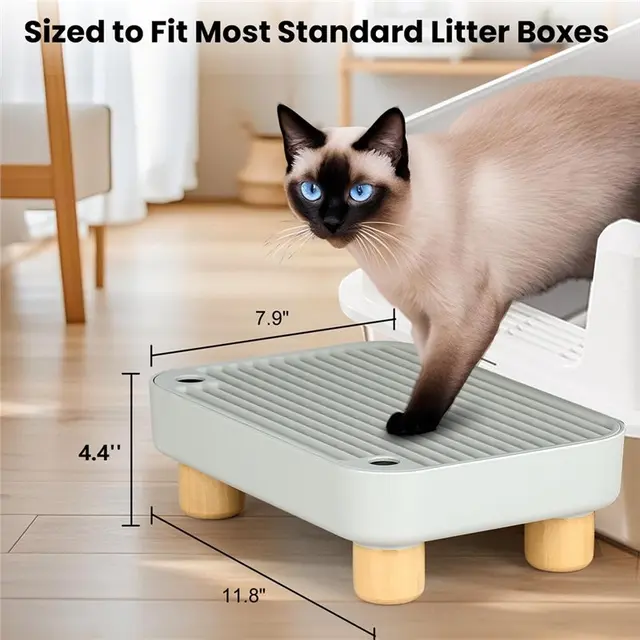 Litter Box Catcher With Wooden Base, Anti-Tracking& Easy To Clean, Litter Box Step, Ramp Designed Ideal For Small Elderly Cats 6
