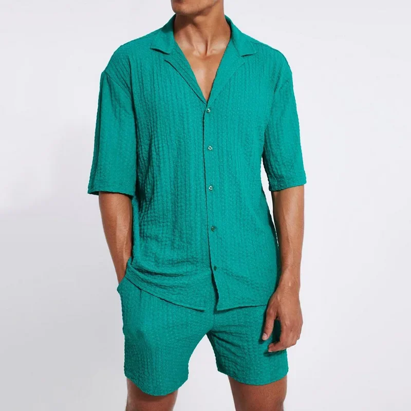 

Men's Sets Short-sleeved Design-inspired Green Shirt Cropped Pants Casual Sports Solid Color Men's Suit