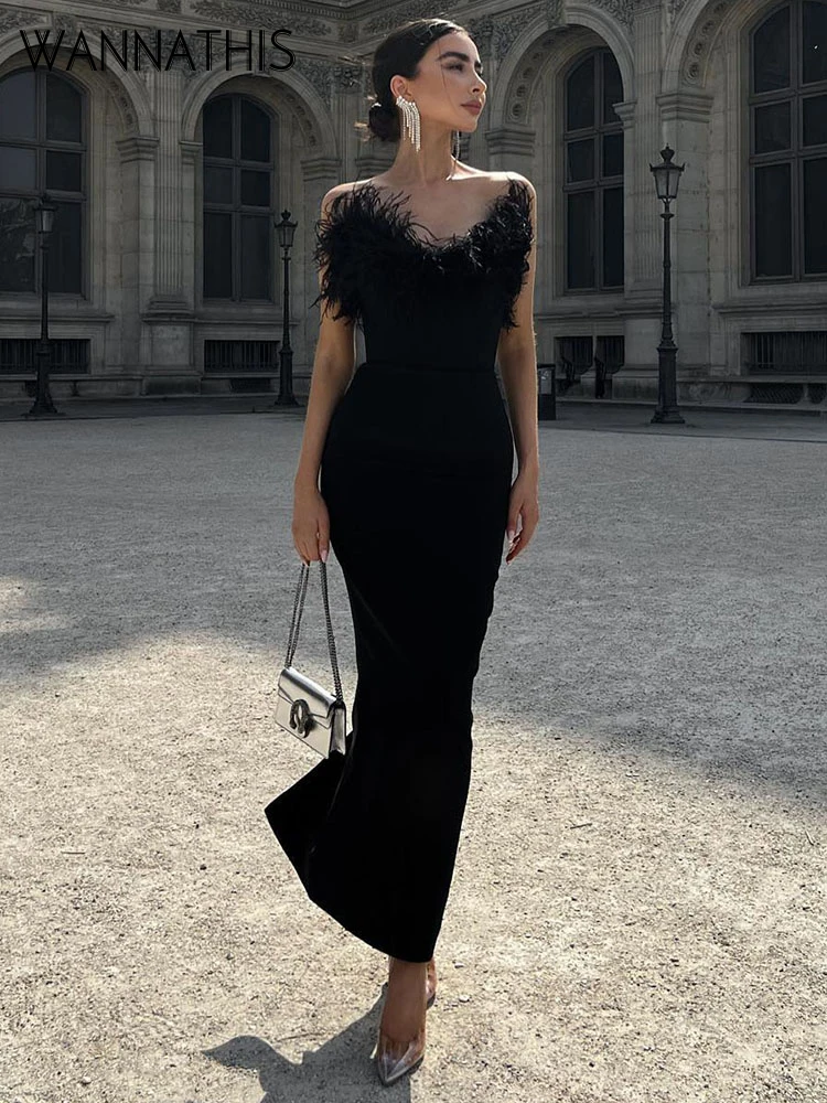 

WannaThis V-Neck Fur Fishtail Dress Elegant Bodycon Evening Dress Women's Strapless Sleeveless Long Robe Dresses Club Party Sexy
