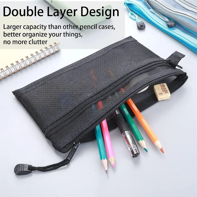 Compact Pencil Case with Multiple Compartments Pencil Case with Zipper Mesh  Bag Stylish Double Zipper Pencil Case for Students - AliExpress