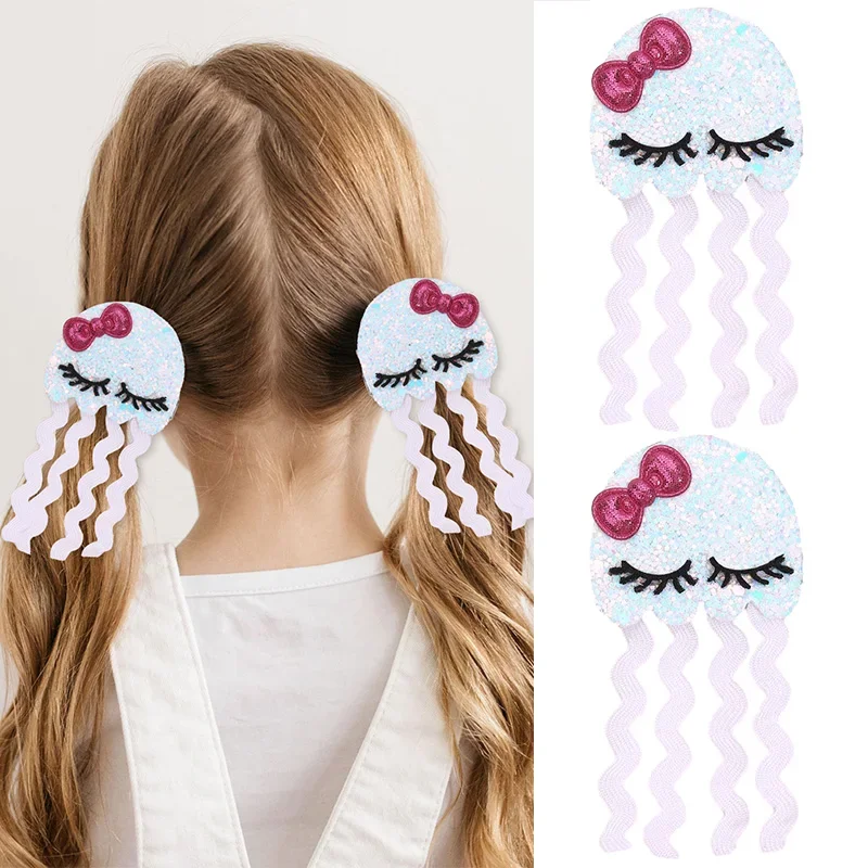 Oaoleer 2Pcs Cartoon Jellyfish Hair Clips Glitter Bow Hairpins Children Headdress Baby Girls Headwear Hair Accessories Ornaments lemonkid 2pcs lot baby winter hat scarf baby cartoon fox cap children warm scarf for boys suit beanie velvet hat scarf for girl