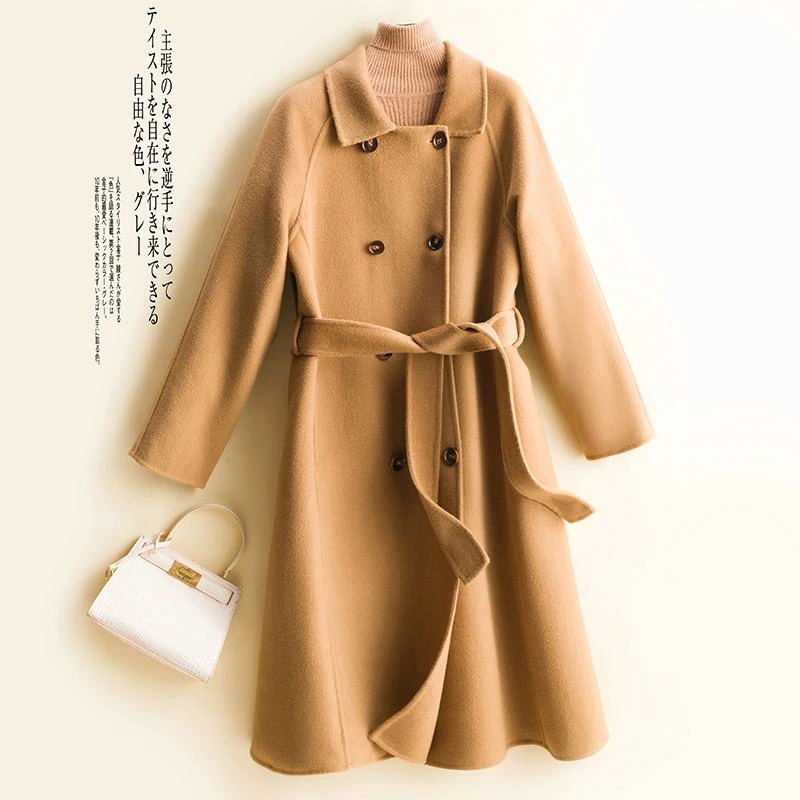 

Autumn and winter classic suit collar double-sided cashmere coat women's mid-length lace-up double-breasted pure wool coat