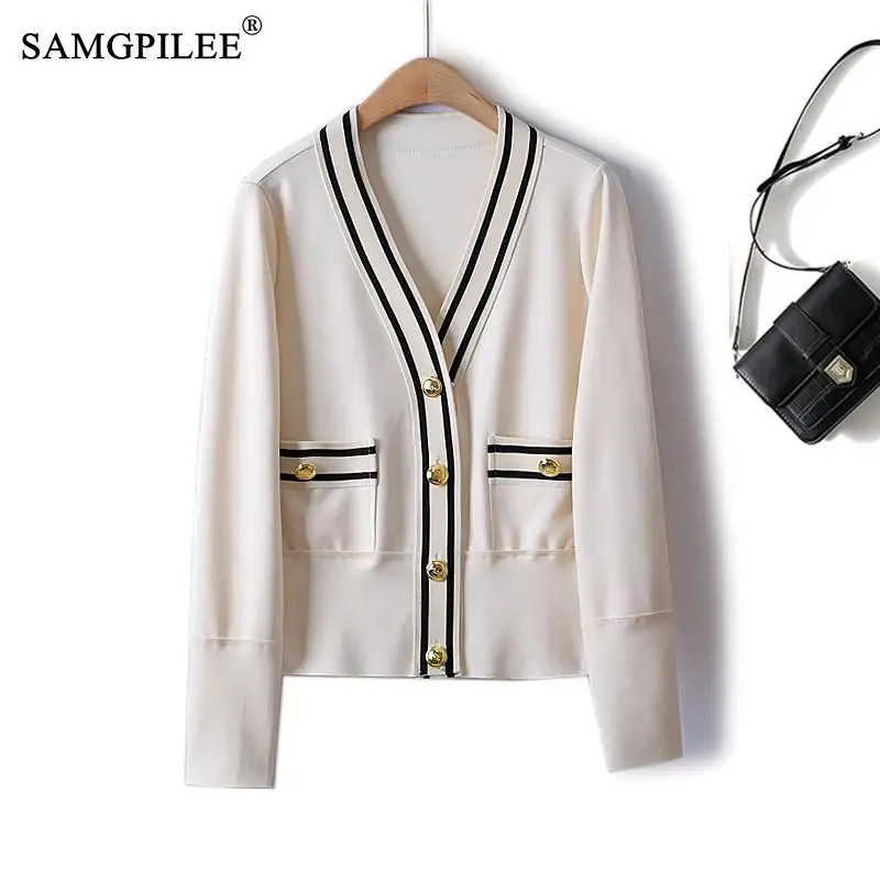 

Y2k Streetwear 2023 Spring Women's Clothing V Neck Color Contrast Knitted Cardigan Single Breasted French Short Sweater Jackets