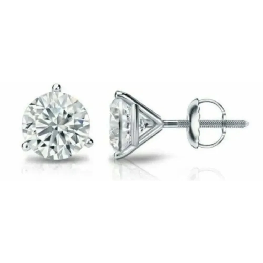 

Серьги 14k из белого золота 6,5 мм черного цвета с резьбой сзади, 3 зубца, Изящные Ювелирные изделия