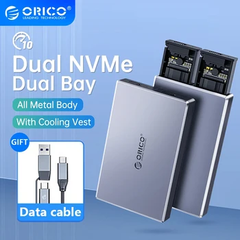 ORICO-알루미늄 합금 듀얼 베이 듀얼 NVMe M2 SSD 케이스 지원 M.2 NVMe SSD 디스크, 도구 필요 없음 M.2 SSD 케이스 내장 금속 방열판