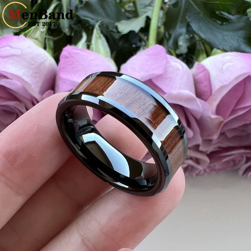 MenBand Fashion 8MM Vintage Men Women Tungsten Wedding Band Ring Hawaiian Koa Wood Inlay Beveled Edges Polished Comfort Fit