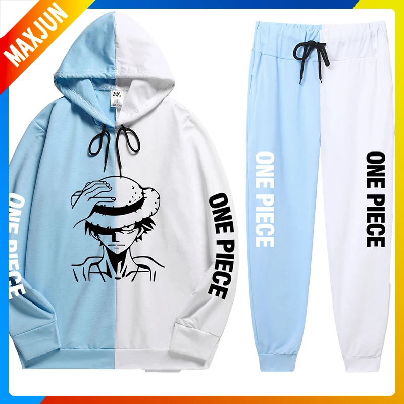 

Цельный комплект с изображением Аниме периферийных фигур на весну и осень, толстовка Luffy в стиле пэчворк с капюшоном, свободные облегающие спортивные брюки