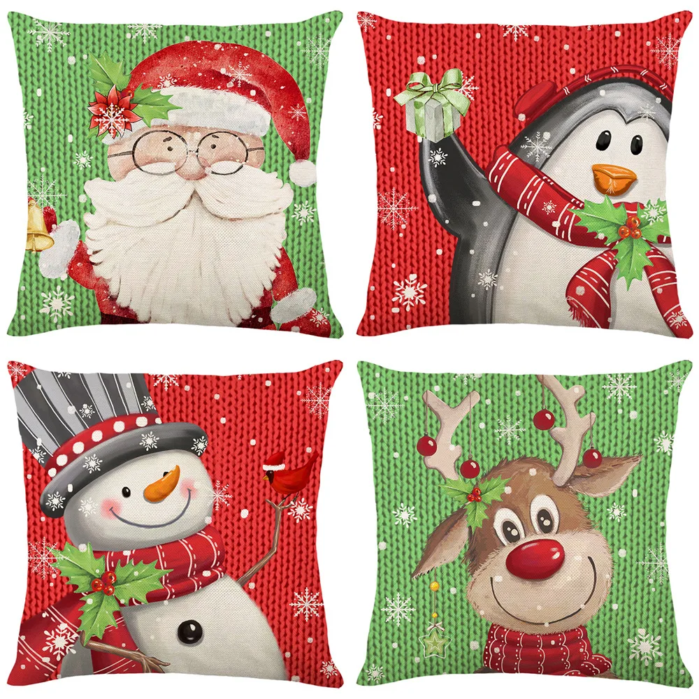 

45cm Cartoon Christmas Linen Pillow Cover Santa Claus Snowman Elk Penguin Pillow Case Merry Christmas Decor For Home 2024 Noel