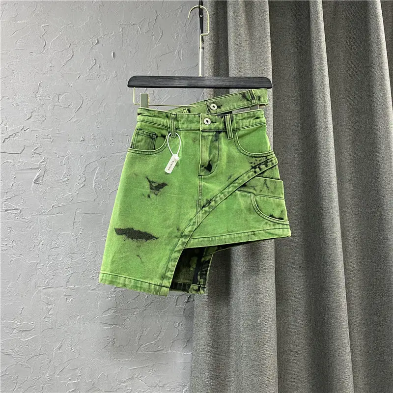 

2023 Summer New Arrivals Fashion High Waist Tie Dye Street Wear Sexy Asymmetric Above Knee Dress Hot Denim Tide Women's Skirts